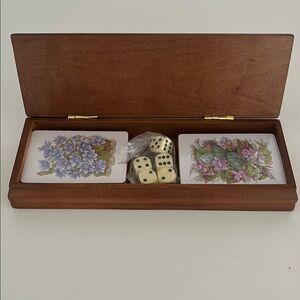 VINTAGE Wooden Hinged Games Box Unopened Floral Playing Cards Dice Set Poker